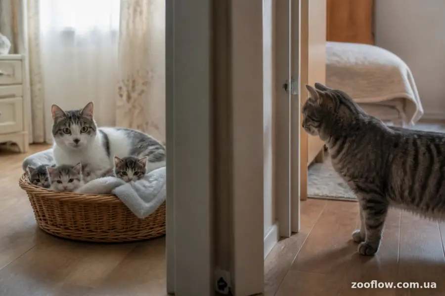 Кішка з кошенятами відокремлена від кота дверима