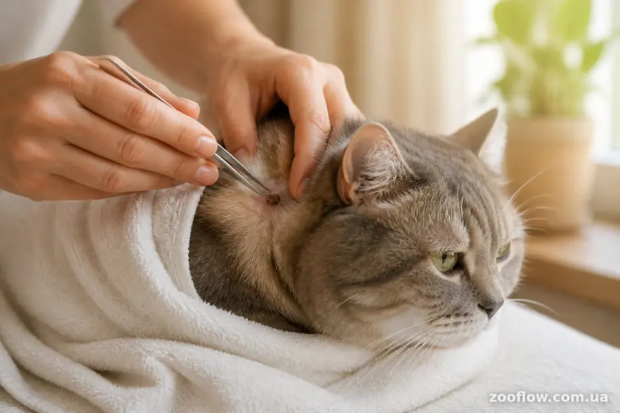 Кота загорнуто в рушник, пінцетом дістають кліща з шерсті
