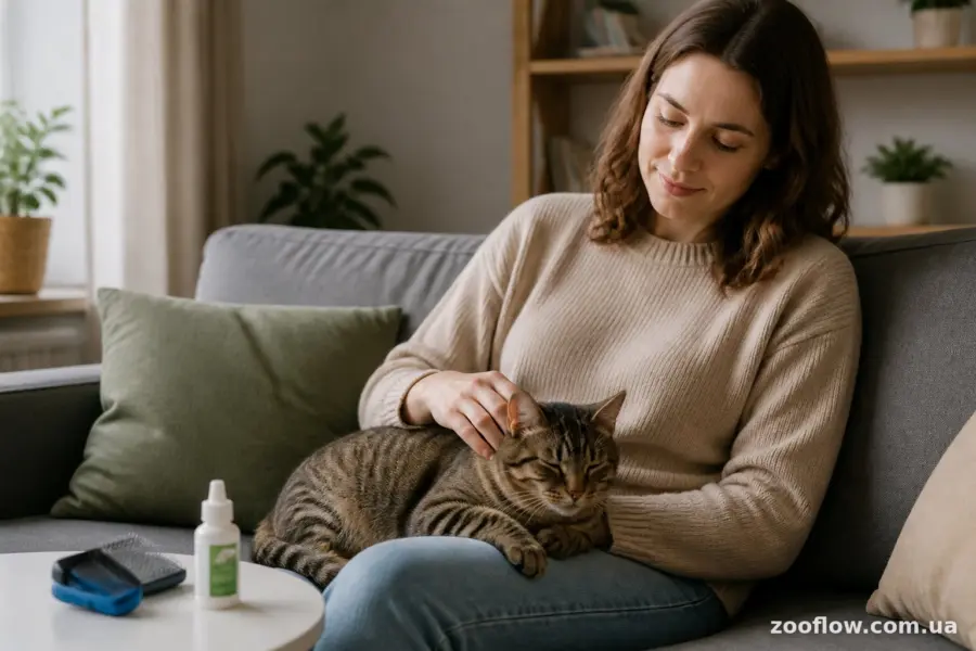 Людина гладить кота, поруч засоби догляду від бліх