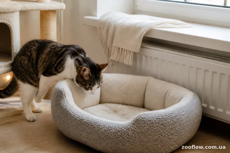 Нова лежанка для кота біля батареї з м'яким пледом
